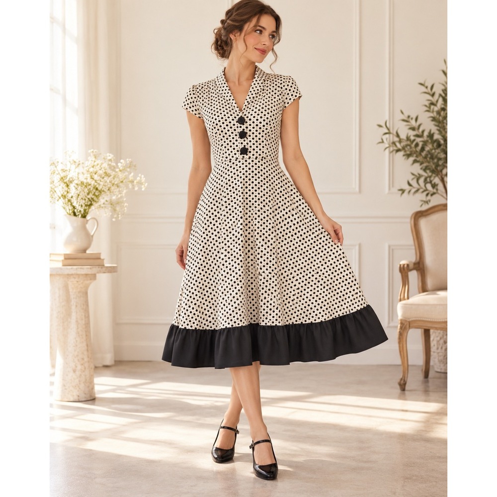 Ruby Rox Pinup Dress Polka Dot Brown Cream Ruffle Hem Retro Size 6/8 Rockabilly